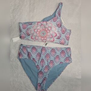 One-Shoulder Light Blue & Pink Patterned Reversable Bikini Set